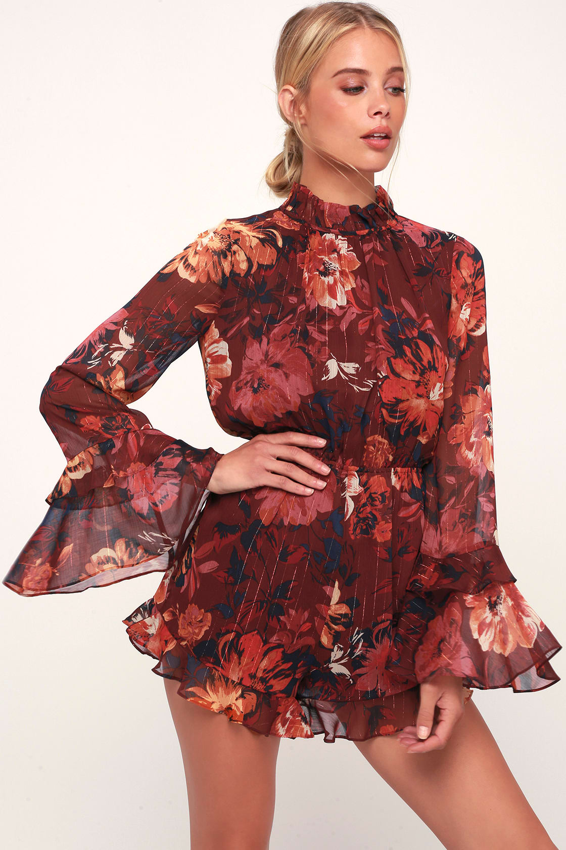 Getting All Your Love Wine Red Floral Print Long Sleeve Romper - Lulus